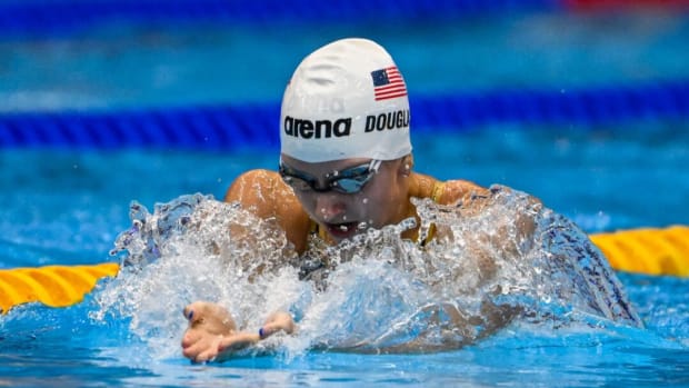 Kate Douglass competes in the individual medley at the 2023 World Aquatics Championships in Fukuoka, Japan.